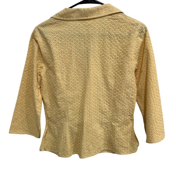 Studio M Yellow Eyelet 3/4 Sleeves Button-Up Blouse Size L Breezy Lightweight - Picture 2 of 10